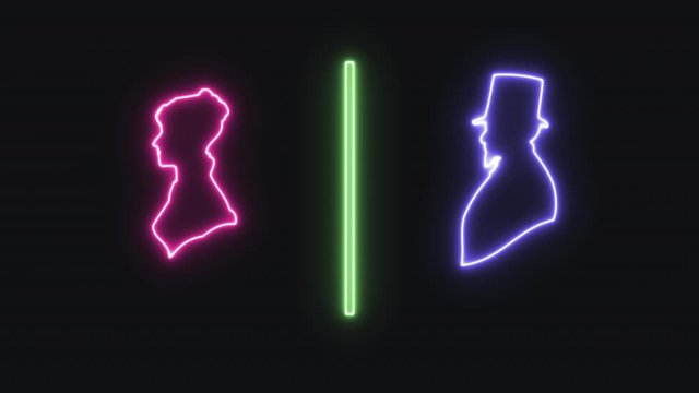 A retro flickering neon sign, with the shapes of a woman and a man from the past centuries, separated by a green bar, indicating the toilets.