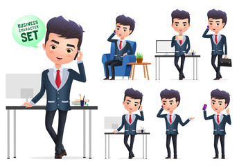 Business manager vector characters set. Business character office manager calling and standing in different gesture and pose isolated in white background. Vector illustration.