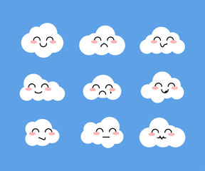 Set of clouds with different emojis. Funny and sad emoticons clouds