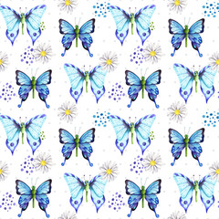 Fototapeta na wymiar Watercolor seamless pattern in retro style with butterflies and flowers. Decorative layered background for a wedding, kids or branding design in blue and violet colors