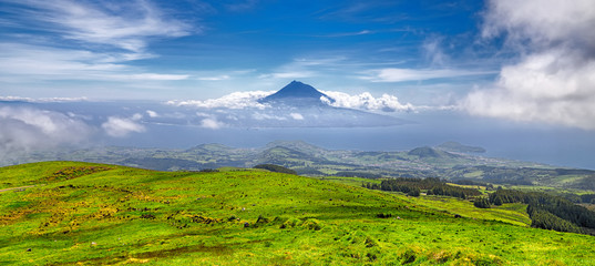 Island Pico with Volcano Mount Pico, Azores - view from island Faial