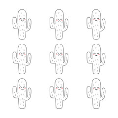 Set of cactus with different emojis. Funny and sad emoticons cactus