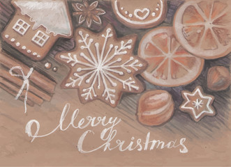 Vintage Christmas card. Vector illustration, stylized pencil drawing