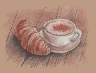 Vintage vector image of a Cup of coffee and a croissant. Stylized pencil drawing