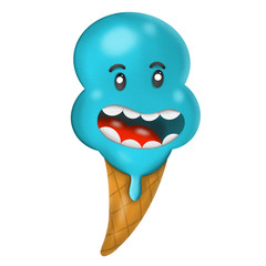 cartoon waffle cone with ice cream on white background, character design, illustration