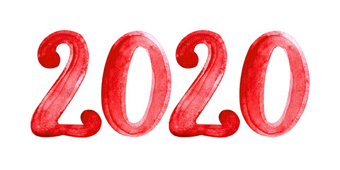 Watercolor illustration 2020 red isolated on white background. 2020 hand drawn symbol. Christmas and New year card template