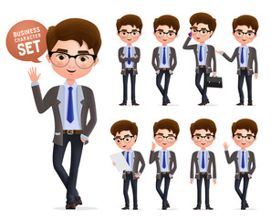 Business man vector character set. Male business characters happy standing, talking and waiving hand and in different pose isolated in white background. Vector illustration.