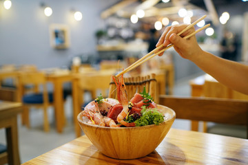 Bowl of Mixed Seafood Sashimi Set - Fresh Amaebi (Sweet Shrimp) and Honmaguro Sashimi, Various parts of blue fin tuna (Otoro, Chutoro, Akami), The best traditional food of Japan.