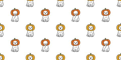 cat seamless pattern vector Halloween pumpkin head kitten calico scarf isolated tile background repeat wallpaper cartoon illustration doodle design