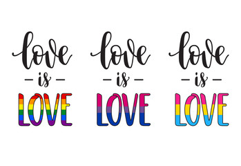 Love is love hand lettering with colors of gay, bisexual and pansexual pride flags
