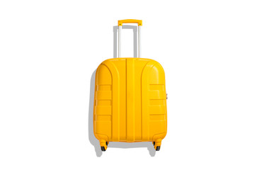 Yellow suitcase on a white background. Travel and vacation concept. Flat lay, top view