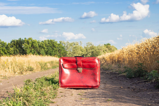Suitcase on the road between a wheat field. Travel, vacation concept