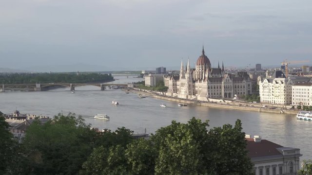 Aerial Danube river panorama in Budapest with a view on Hungarian Parliament building