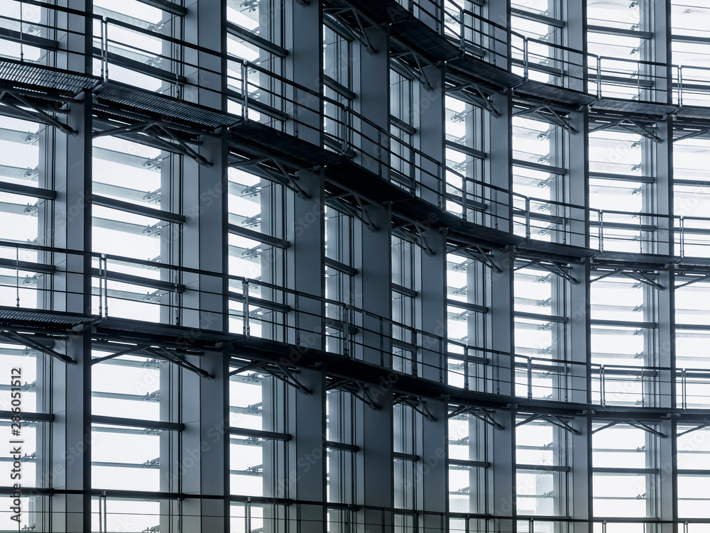 Poster architecture details glass wall panel curve steel structure modern building