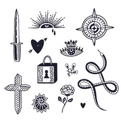 Tattoo art in old school style. Minimalistic hand drawn tattoo elements.