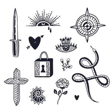 Tattoo art in old school style. Minimalistic hand drawn tattoo elements.