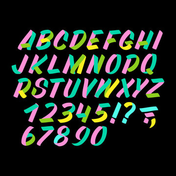 Hand drawn colorful typeface on black background. Brush sign painted vector characters: lowercase and uppercase. Typography alphabet for your designs: logo, typeface, card