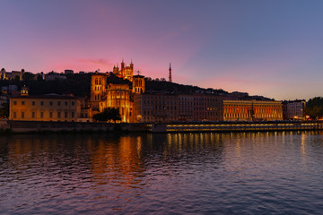 The cathedral and the basilica at dusk, Lyon, France