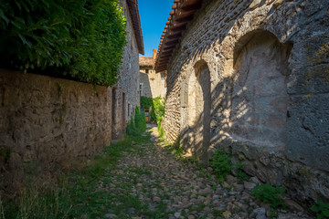 Narrow alley paved with pebble stones, Perouges, France