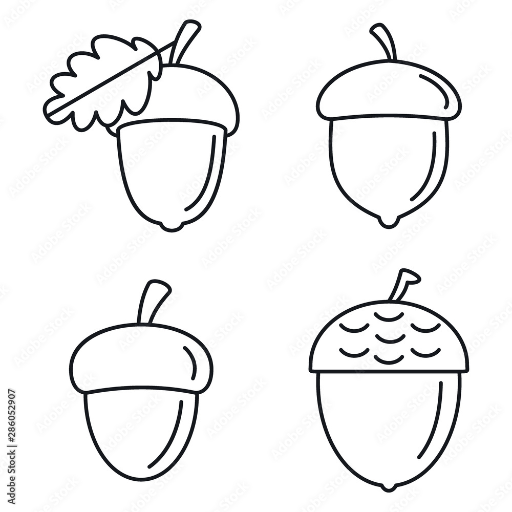 Sticker Acorn oak icons set. Outline set of acorn oak vector icons for web design isolated on white background