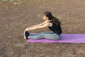 A young slim athletic girl in sportswear with snakeskin prints performs a set of exercises. Fitness...
