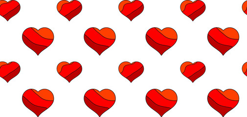 Funny cartoon hearts. Seamless pattern. Hearts are located exactly. Orange and red colors.