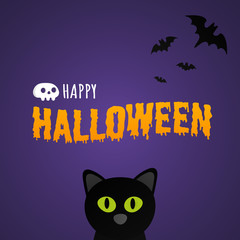 Happy Halloween text postcard banner with witch cat, bats and text happy halloween isolated on dark background flat style design.