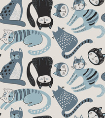 Vector naadloos patroon met schattige katten in eenvoudige vlakke stijl.
