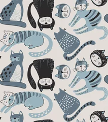 Muurstickers Katten Vector naadloos patroon met schattige katten in eenvoudige vlakke stijl.