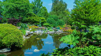 Fototapeta na wymiar Ornamental Pond and Gardens At Der Lake Park, Burnaby, BC - Summer