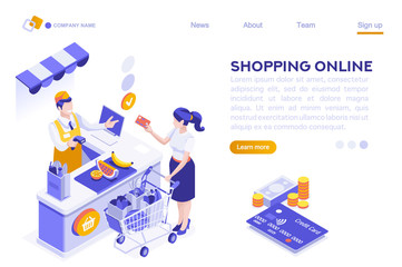 Paper Customer Pay at Store. Goods Cartoon. Buys, Buyer Purchase, Supermarket Line and Trolley. Sale Grocery Business, Consumerism of Retail. Flat Vector Illustration Hero Images Isometric Banner