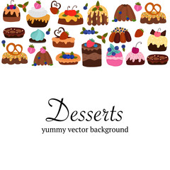 Pastries, bakery, cookies and desserts hand drawn vector illustration. Cartoon cafe menu, banner, cookbook page with a   copy space