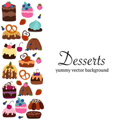 Pastries, bakery, cookies and desserts hand drawn vector illustration. Cartoon cafe menu, banner, cookbook page with a   copy space