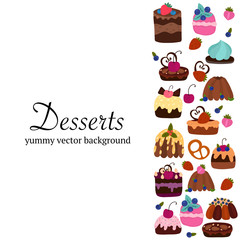 Pastries, bakery, cookies and desserts hand drawn vector illustration. Cartoon cafe menu, banner, cookbook page with a   copy space