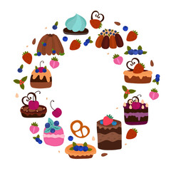 Pastries, bakery, cookies and dessert in cartoon style arranged in circle. Dessert concept. Hand drawn vector illustration. 