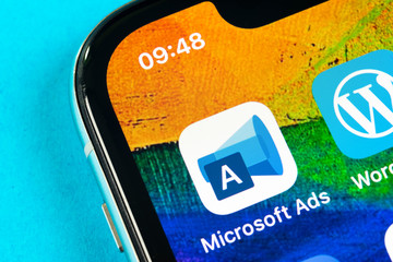 Helsinki, Finland, May 4, 2019: Microsoft ads application icon on Apple iPhone X screen close-up. Microsoft ads app icon. Microsoft ads is online advertising application. Social media network.