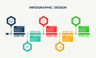 workflow five steps infographic template with hexagons, process arrows and text. business flowchart