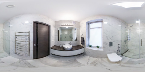 Naklejka na ściany i meble full seamless hdri panorama 360 degrees angle view in interior of bathroom in modern flat loft apartments in equirectangular projection with zenith and nadir. VR AR content