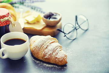 Fresh pastries on the table. French flavored croissant.