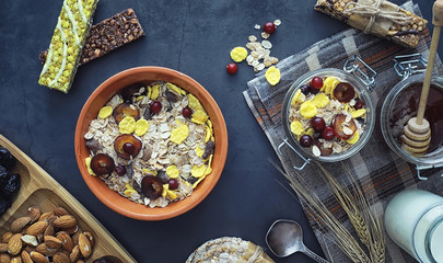 Healthy breakfast. Muesli from cereals with milk berries.
