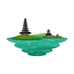 Bali Indonesia Ancient Temple and River Landscape Vector