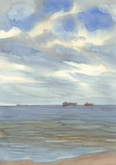 Seascape before the rain watercolor background. Summer vacations