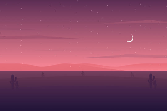 Night landscape with starry night sky illustration