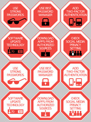 Set of computer security signs. Basic rules of working on the Internet, octagonal colored signs.