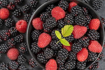Background from fresh organic blackberries and raspberries, close up. Top view blackberry and raspberry