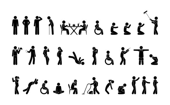 variety of standing and sitting poses, people in different situations, man does, stickman stick figure, pictogram icons