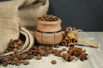 Coffee beans, star anise and cinnamon sticks