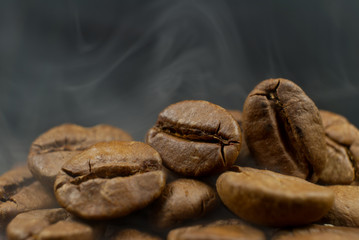Roasted coffee beans steaming