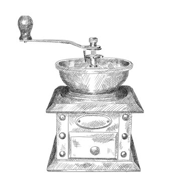 Mechanical coffee grinder with handle for beans. Pencil sketch isolated on a white background.