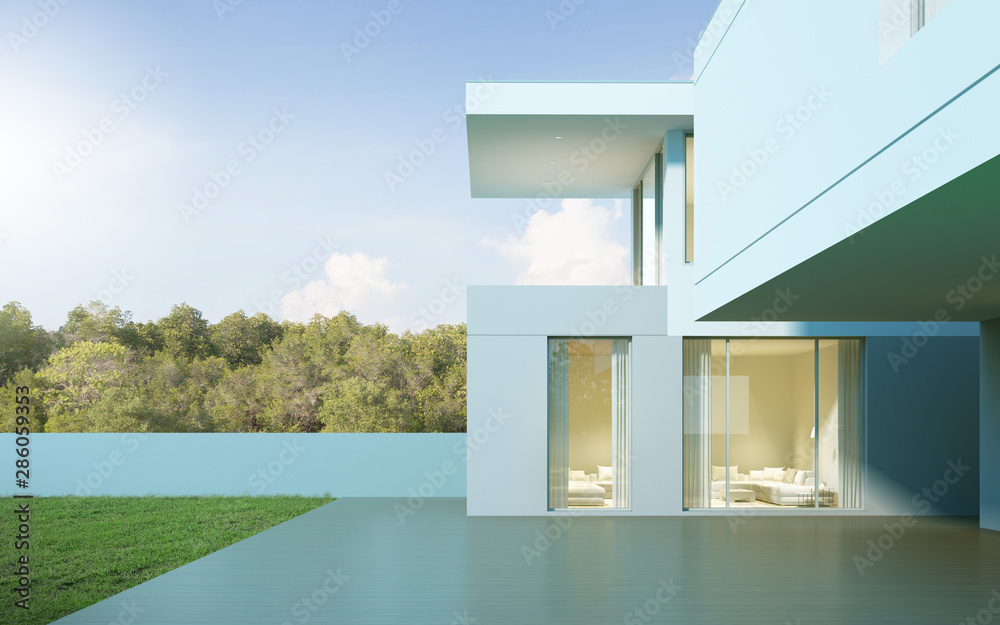 Poster perspective of white modern luxury house with green lawn yard in day time on tree background, idea o
